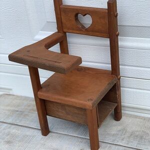 Vintage Handcrafted Wooden Doll School Desk 16” Heart Cutout Bench Chair Rustic